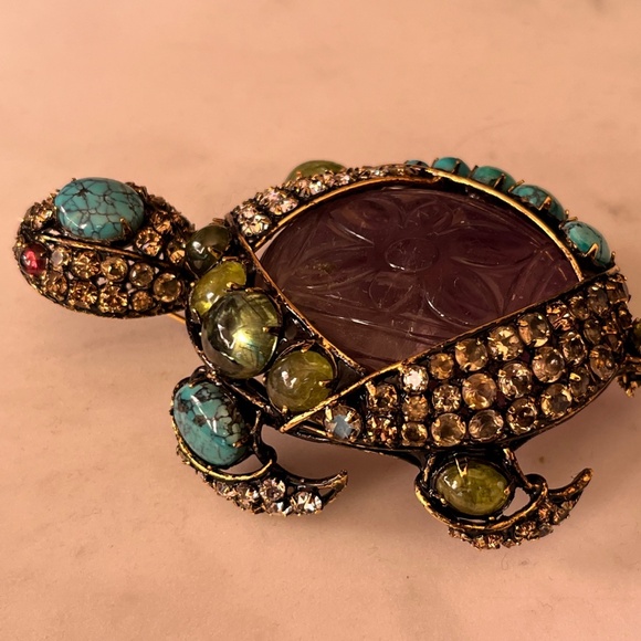 IRADJ MOINI Turtle Gemstone Brooch Pin Pendant 3.75" - Picture 4 of 10